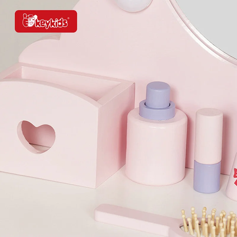 LED Illuminated Wooden Kids Makeup Dressing Table Set - Pretend Play Makeup Table with Mirror & Cosmetics Accessories W08H223